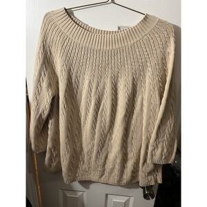 TALBOTS Sweater Plus Size 3X Cable Knit Boat Neck 3/4 Sleeve Cotton Pullover Tan